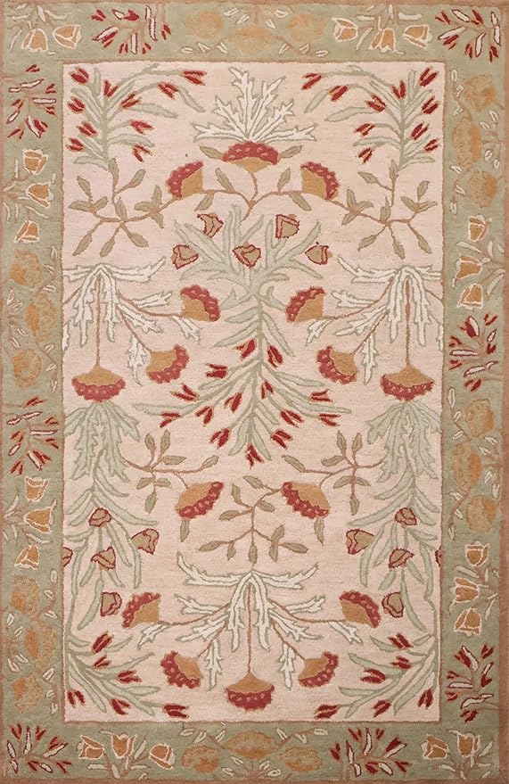 Handmade Floral Adeline Beige Tulips Traditional Crafted Wool Area Rug for Living Room, Bedroom, and Kitchen (6' x 8')