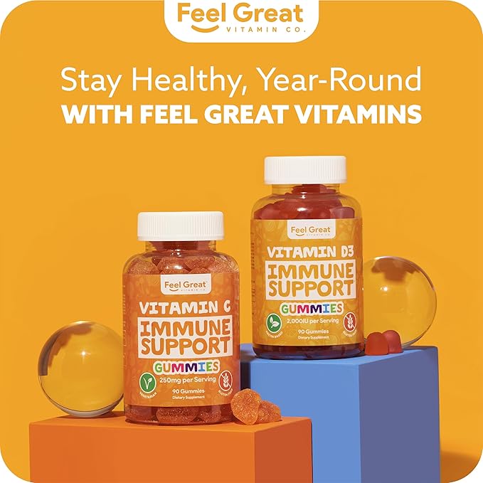 Vitamin C Gummies for Adults & Kids by Feel Great Vitamin Co. | 90 Orange Flavored Gummies | Immunity Support, Plant-Based Fruit Pectin