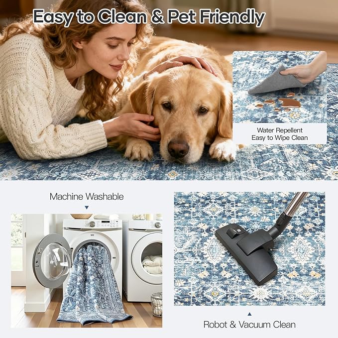 Lofus 5x7 Area Rug for Living Room,Blue Washable Area Rugs with Non-Slip Backing,Soft Boho Carpets for Bedroom Dining Room Home Office Indoor Nursery