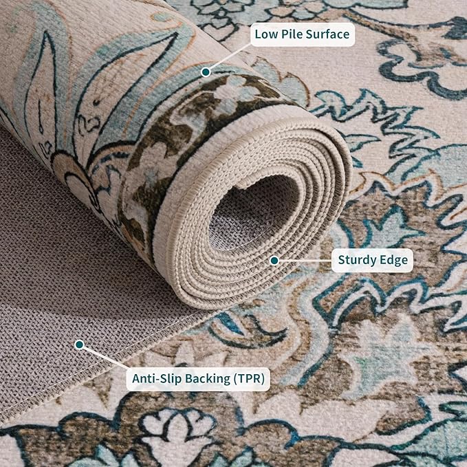 8X10 Area Rug,Washable Vintage Low Pile Rug for Living Room,Non-Slip Rug for Home Decor, Modern Soft Indoor Carpet for Bedroom,Dinning Room,Office,Blue