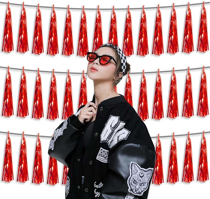 3P Metallic Fringe Tassel Banner Garland Foil Tinsel Streamer Wall Hanging Curtain Backdrop Banner for Parade Floats,Graduation Decorations, Wedding Party Decoration(Red)