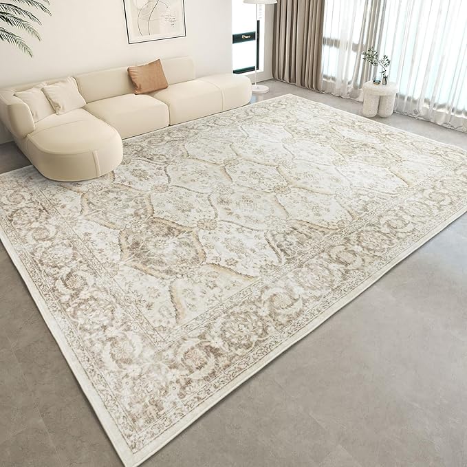 7x9 Machine Washable Non Slip Vintage Area Rugs for Living Room, Low Pile Lightweight Print Rug for Bedroom, Dining Room, Home Office, Beige Gray