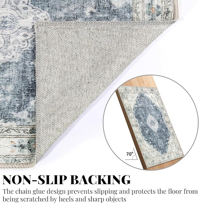 MUJOO Blue Grey Area Rug Small Rugs Boho Machine Washable Rugs Non Slip for Entryway Kitchen Bathroom Bedroom Vintage Soft Low-Pile 2'x3' Flowers