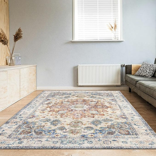 Area Rug 5×7, Vintage Boho Rug,Ultra-Soft Low Pile, Washable, Non Slip,Stain Resistant Printed Carpet for Living Room Bedrooms Playroom Office Kitchen, Blue/Red