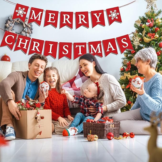 Red Merry Christmas Banner, Christmas Party Decorations, Indoor Outdoor Home Hanging