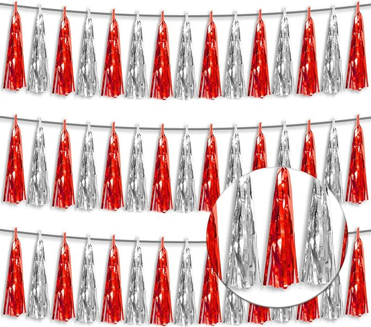 3P Metallic Fringe Tassel Banner Garland Foil Tinsel Streamer Wall Hanging Curtain Backdrop Banner for Parade Floats,Halloween Decorations, Christmas Day, Wedding Party Decoration(Red Silver)