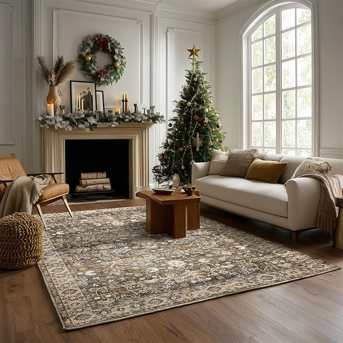 Washable Area Rugs 5'x7' Non-Slip Vintage Boho Distressed Fade Resistant Low Pile Carpet for High-Traffic Living Room, Bedroom & Dining Room