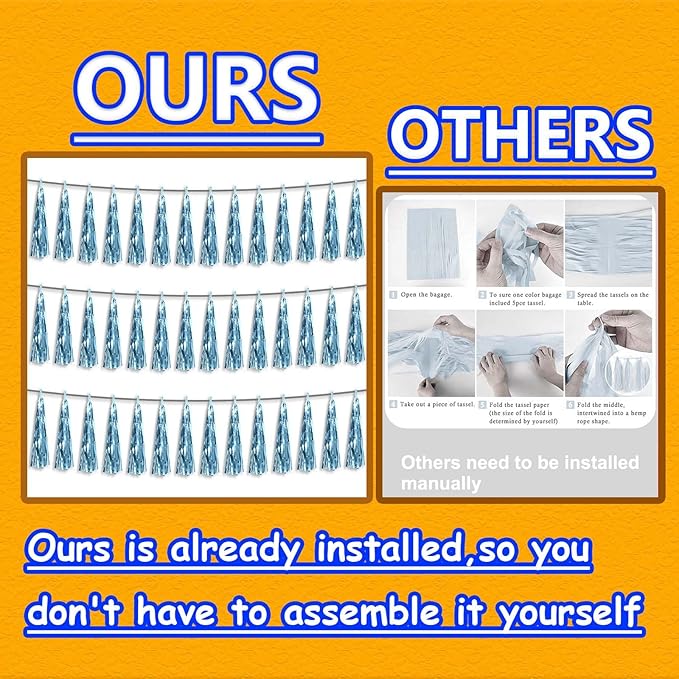 3P Metallic Fringe Tassel Banner Garland Foil Tinsel Streamer Wall Hanging Curtain Backdrop Banner for Parade Floats, Graduation Decorations, Wedding Party Decoration(Light Blue)