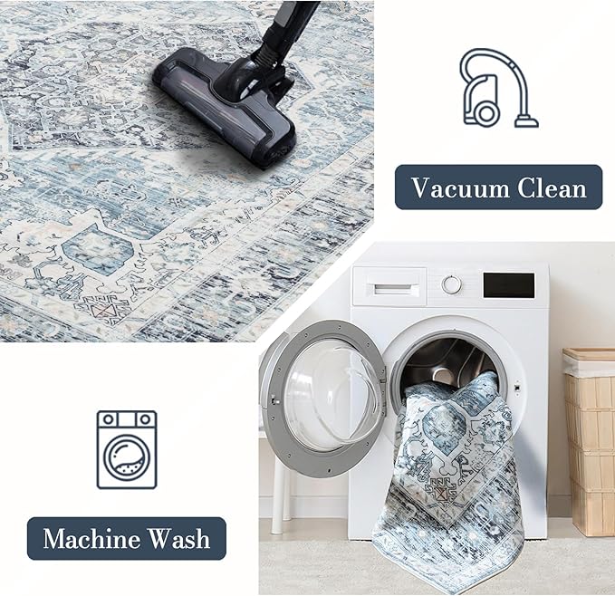 Area Rug 4×6, Vintage Boho Rug,Ultra-Soft Low Pile, Washable, Non Slip,Stain Resistant Printed Carpet for Living Room Bedrooms Playroom Office Kitchen, Light Blue