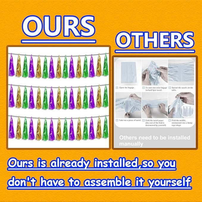 3P Metallic Fringe Tassel Banner Garland Foil Tinsel Streamer Wall Hanging Curtain Backdrop Banner for Parade Floats, Graduation, Carnival Mardi Gras Party Decorations(Gold Green Purple)