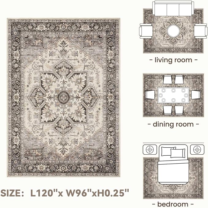 Area Rug for Living Room - 8x10 Soft Machine Washable Oriental Vintage Floral Distressed Large Indoor Floor Carpet for Bedroom Under Dining Table Home Office Decor - Grey Brown