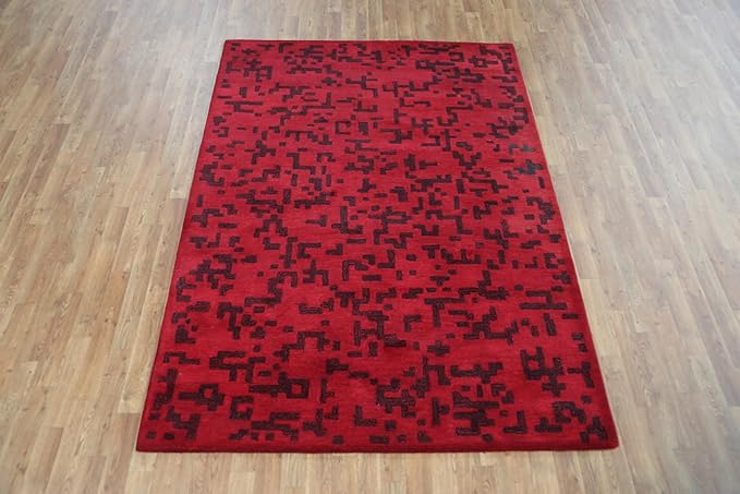 Rug Source Modern Collection, 5x8 Modern Area Rug, Hand Tufted Red Modern Rug, Oriental 100% Wool Carpet for Foyer, Entryway and Hallway
