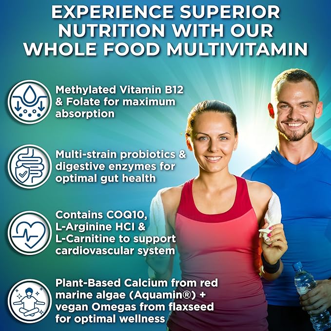 Vegan Whole Food Daily Multivitamin with Iron, Methylated Multivitamin for Women and Men, Made with Fruits & Vegetables, B-Complex, Probiotics, Enzymes, CoQ10, Omegas, Turmeric, Non-GMO, 90 Count