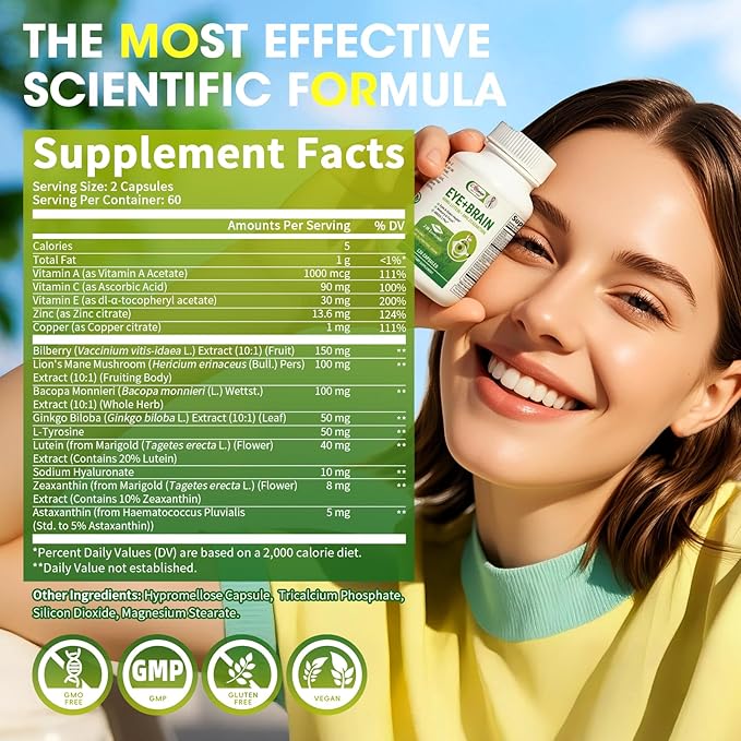 2 Pack Lutein Eye Vitamins 14 in 1 Supplement Eye Vitamins for Ocular Health, Dry Eye Support, Memory & Focus Supplement, Contains Zeaxanthin, Zinc, Vitamins A/C/E, 240 Capsules Total