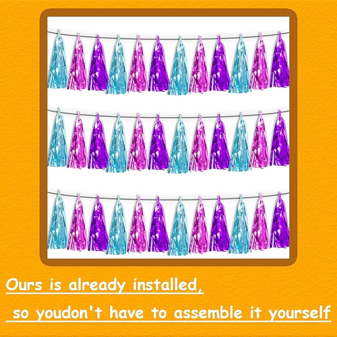 3P Lake Blue Purple-Hot Pink Metallic Fringe Tassel Banner Garland Foil Tinsel Streamer Wall Hanging Curtain Backdrop Banner for Parade Floats,Graduation Decorations, Wedding Party Decoration