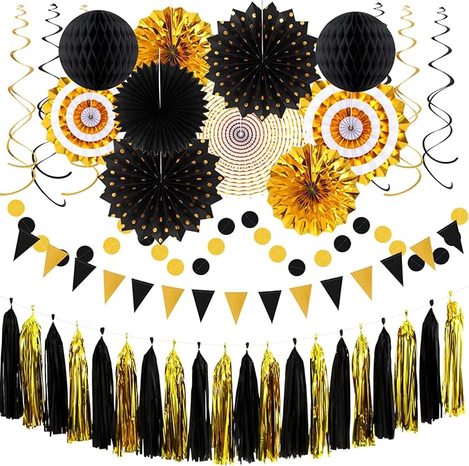 Black-Gold Graduation Party-Decorations - 33pcs Kits Banner, Streamers Tassel Garland,Tissue Pom Poms Honeycomb, Paper Lantern Fans,Wedding New Year Birthday Baby Shower Decor Hugtmr