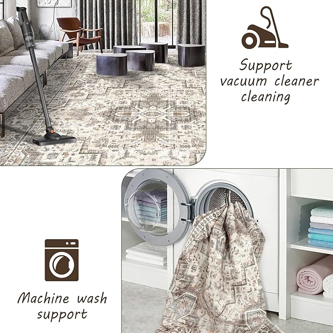 Area Rug Machine Washable Rug 10'x13' - Vintage Design Large Area Rugs with Non Slip Rugs for Living Room Bedroom,Stain Resistant, Home Decor Office Area Rug (Beige Brown 10'x13')