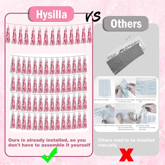 3P Light Pink Foil Fringe Metallic Tassel Streamers Banner Tassel Garland for Parade Floats, Bachelorette, Wedding, Birthday, Halloween, Christmas, Bridal/Baby Shower Party Decorations