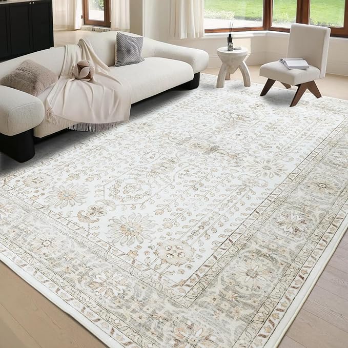 7x9 Area Rugs for Living Room,Thin Washable Rug, Non-Slip Foldable Area Rug for Bedroom, Dining Room, Home Office, Cream