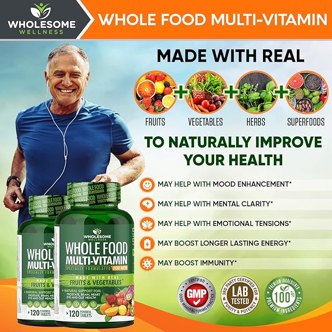 Wholesome Wellness Whole Food Multivitamin for Men - Natural Multi Vitamins, Minerals, Organic Extracts - Vegan Vegetarian - 120 Tablets