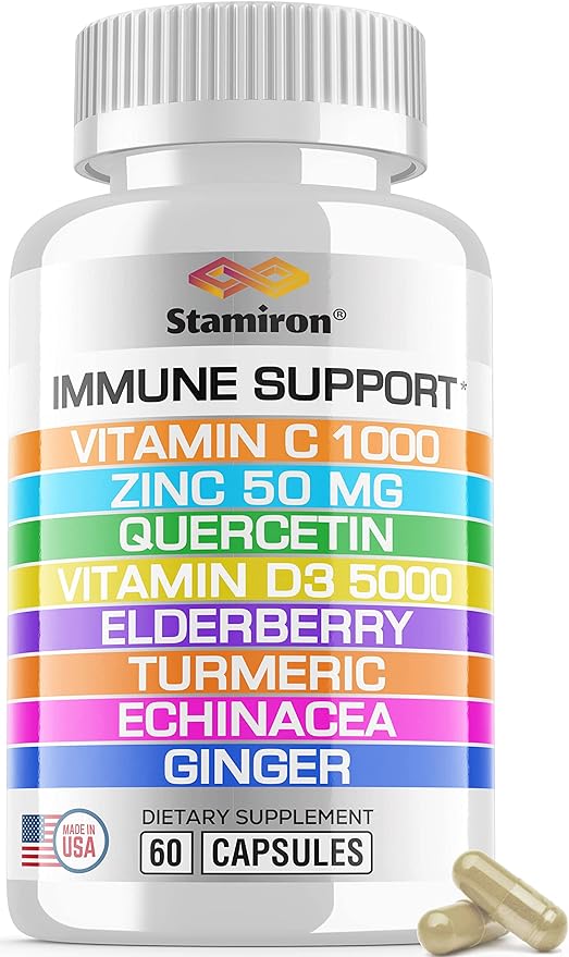 8 in 1 Immune Support with Quercetin Zinc 50mg Vitamin C 1000mg Vitamin D3 5000 IU and Elderberry Echinacea Ginger for Adults Kids - VIT D Supplement Veg Capsules