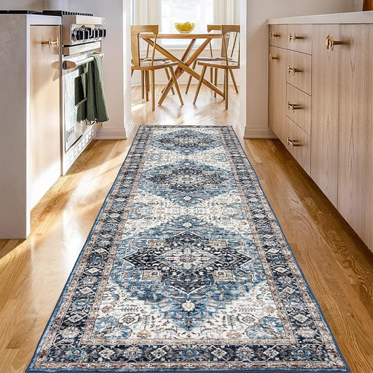 Runner Rug 2×6, Vintage Boho Rug,Ultra-Soft Low Pile, Washable, Non Slip,Stain Resistant Printed Carpet for Hallway Kitchen Living Room Bedrooms Playroom Office, Blue/Navy