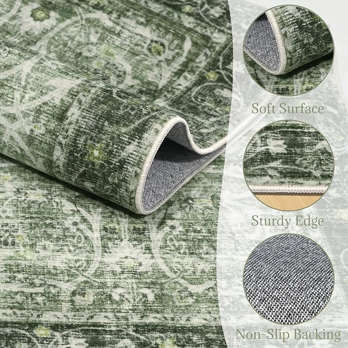 6x9 Washable Rug Vintage Fade Resistant Boho Distressed Non-Slip Indoor Large Carpet Low Pile Lightweight & High-Traffic Safe for Bedroom, Dorm, Playroom - Farmhouse Decor
