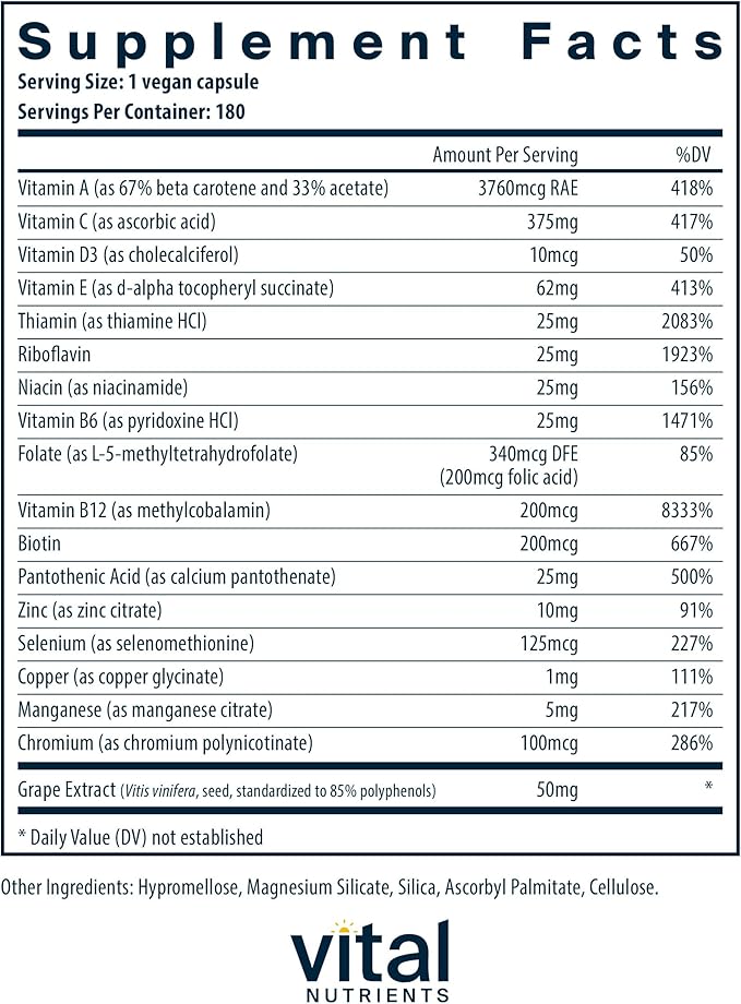 Vital Nutrients Minimal and Essential Multivitamin | Vegetarian One per Day Multi Vitamin, Mineral, & Antioxidant Supplement* | Iron-Free | Gluten, Dairy, Soy Free | Non-GMO | 180 Capsules