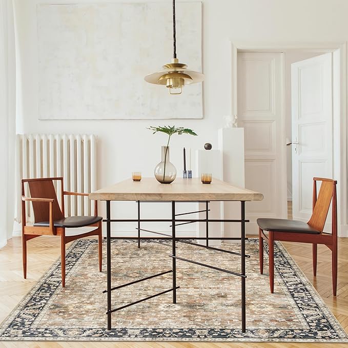 ReaLife Rugs Machine Washable Area Rug Runner - Living Room Bedroom Bathroom Kitchen Entryway Office - Padded Low Pile Stain Resistant Premium - Boho Farmhouse Vintage - BEV - Beige Tan Brown 3' x 5'