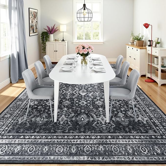 Lofus 9x12 Area Rug for Living Room,Black Washable Area Rugs with Non-Slip Backing,Soft Boho Carpets for Bedroom Dining Room Home Office Indoor Nursery