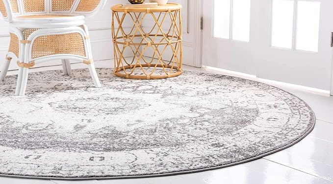 Unique Loom Rosso Collection Traditional, Vintage, Medallion, Border, Distressed, Southwestern Area Rug, 4 ft x 4 ft, Gray/Ivory