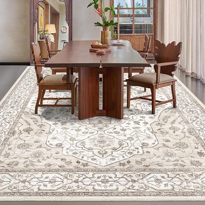 8'x10' Machine Washable Vintage Design Area Rug - Non Slip, Stain Resistant for Home, Office, Machine Washable Area Rugs 8x10,Area Rugs for Living Room (Beige Cream 8x10)…