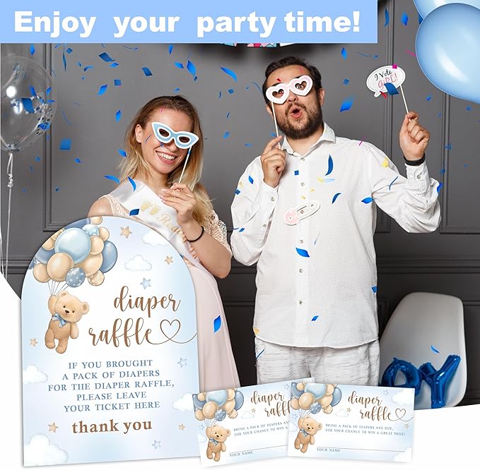 Blue Bear with Balloon Diaper Raffle Game Kit - 50 Tickets & 7x10 Inch Sign with Stand, Gender Neutral Baby Shower Decor, Bear Theme Gender Reveal Party Supplies (B02)