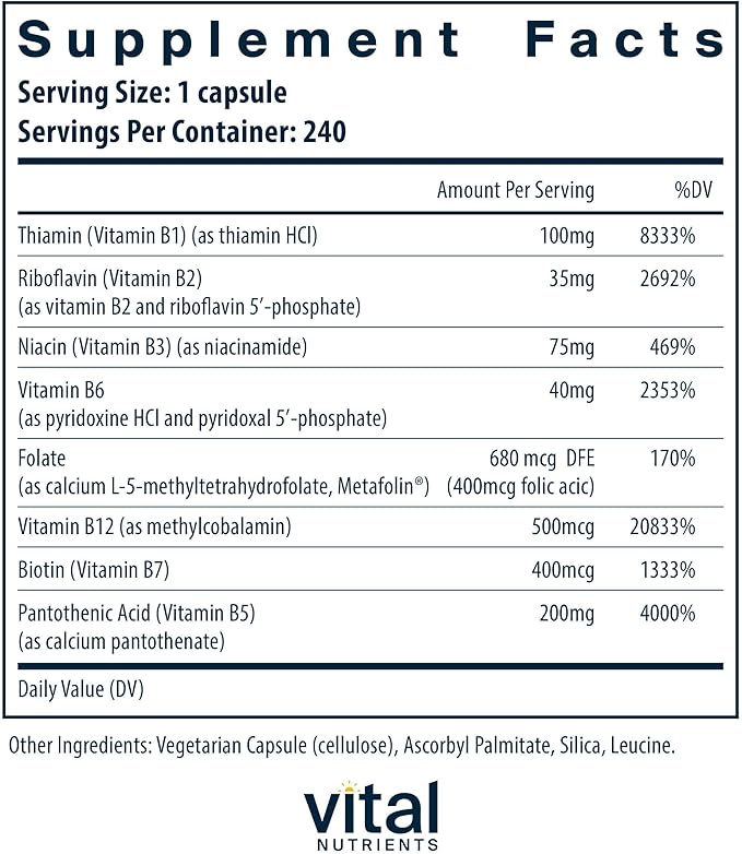 Vital Nutrients Vitamin B-Complex | Vegan High-Potency Methylated B Complex Vitamins | B Vitamins Support Energy Production, Metabolism, and Heart Health* | Gluten, Dairy, Soy Free | 240 Capsules