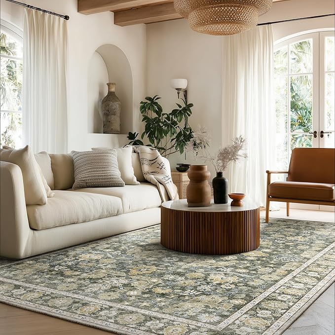 Washable Area Rugs 5'x7' Non-Slip Vintage Boho Distressed Fade Resistant Low Pile Carpet for High-Traffic Living Room, Bedroom & Dining Room