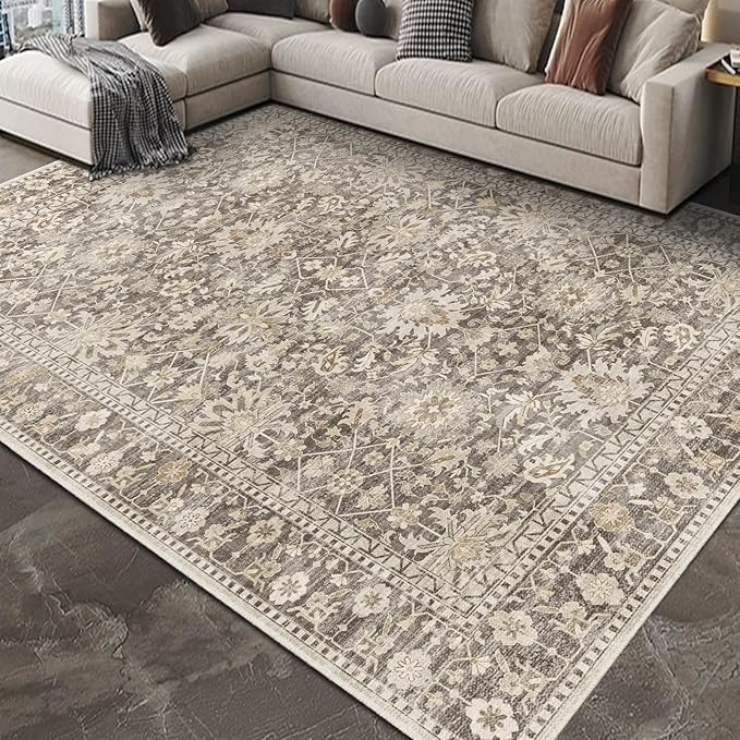 8X10 Area Rugs Machine Washable Rugs for Living Room Bedroom Hallway, Non Slip Indoor Soft Accent Distressed Boho Vintage Print Lightweight Thin Low Pile Carpet (Coffee, 8X10)