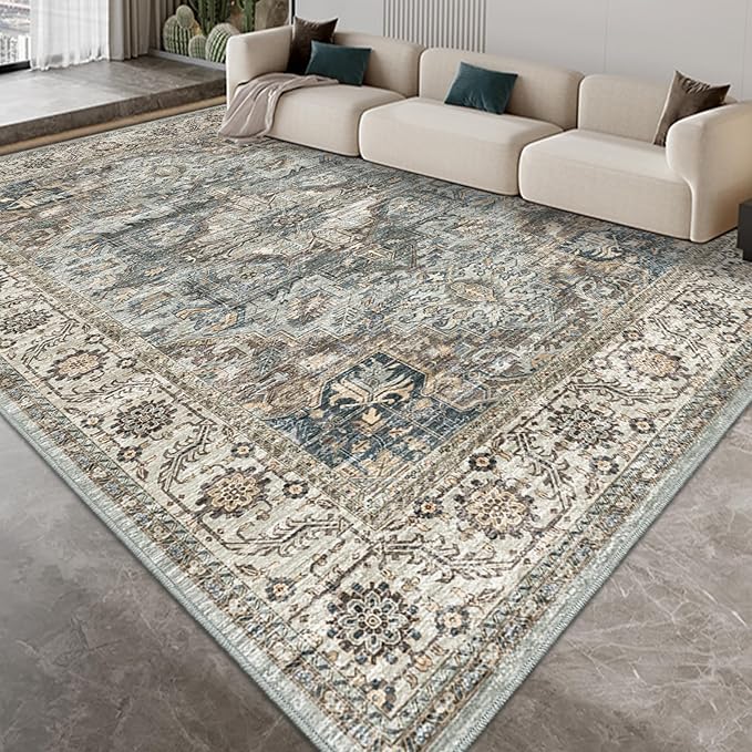 Machine Washable Rug 8x10 - Vintage Inspired Distressed Design Large Area Rugs,Soft Durable, Stain Resistant, Non-Shedding, Easy Clean Area Rugs (Olive/Taupe, 8X10)