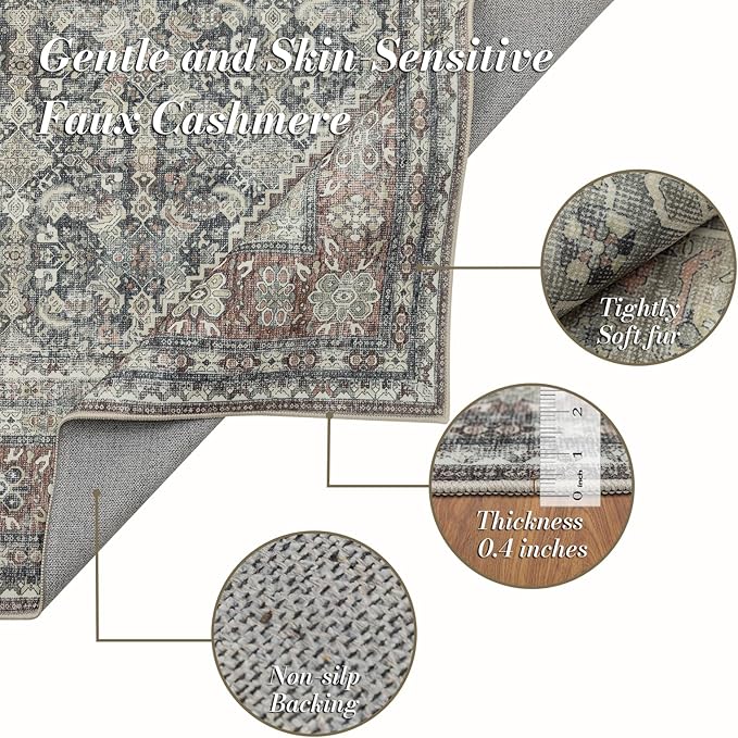 Area Rug 8×10, Large Vintage Boho Rug,Ultra-Soft Low Pile, Washable, Non Slip,Stain Resistant, Printed Carpet for Living Room Bedrooms Playroom Office Kitchen, Rust/Green