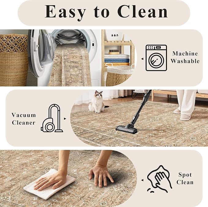 HelloTree Washable Rugs 9x12 Area Rug for Living Room, Vintage Boho Khaki Rug Non Slip Carpet Retro Accent Indoor Mat Print Distressed Low Pile Throw Large Rug for Office Dining Room Bedside-Khaki