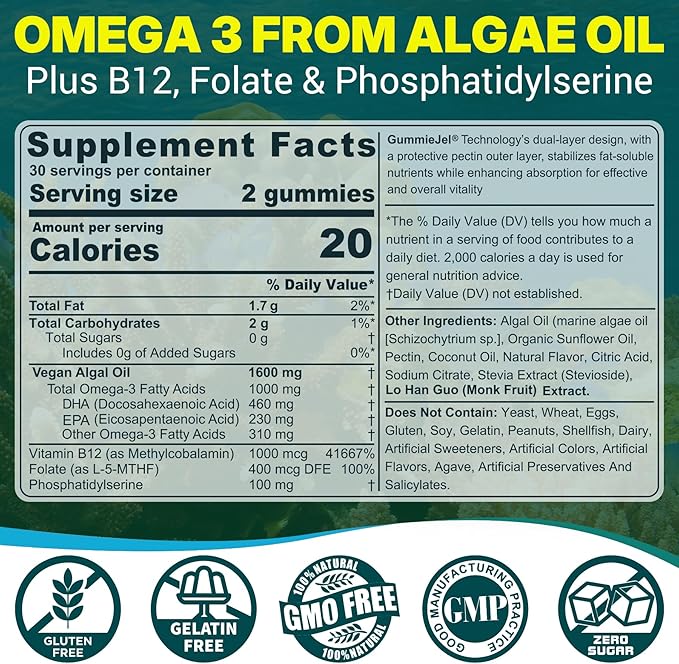 2 Pack Algae Omega 3 Gummies 1000mg, Plant Based DHA 460mg & EPA 230mg, Omega 3 Fish Oil Alternative for Adults, Plus MethylFolate, Vitamin B12, Phosphatidylserine, No Fishy Taste, Vegan, Sugar Free