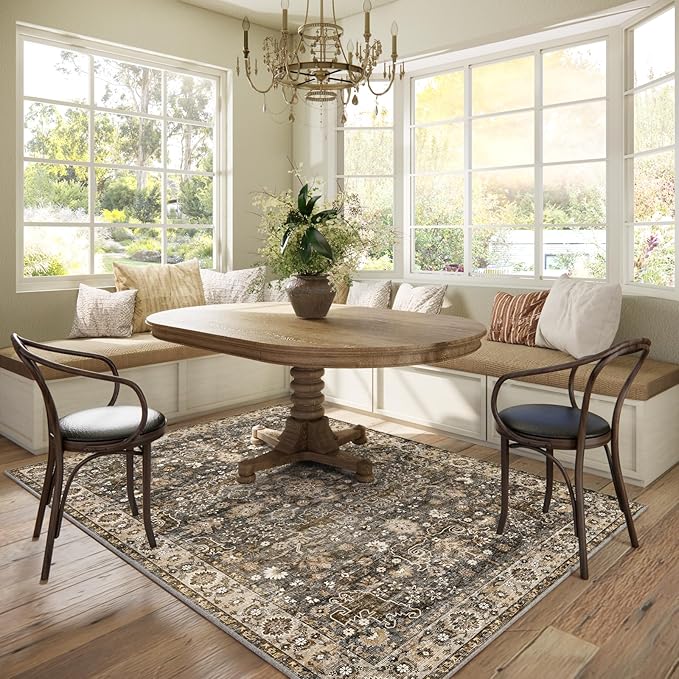 Washable Area Rugs 5'x7' Non-Slip Vintage Boho Distressed Fade Resistant Low Pile Carpet for High-Traffic Living Room, Bedroom & Dining Room