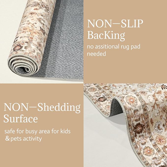 Washable Area Rugs 5'x7' Non-Slip Vintage Boho Distressed Fade Resistant Low Pile Carpet for High-Traffic Living Room, Bedroom & Dining Room