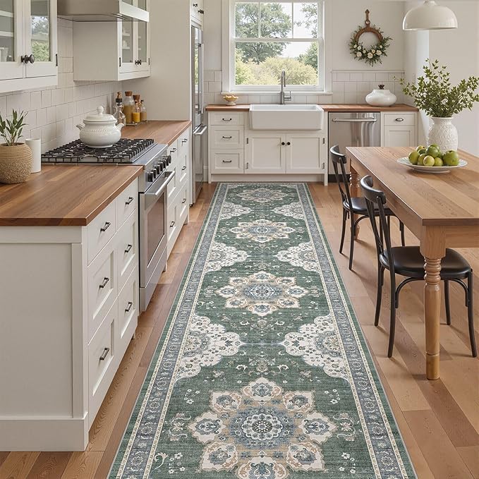 Area Rug for Living Room - 3x14 Soft Washable Oriental Vintage Floral Distressed Large Carpet - Fade Stain Resistant Non Slip Rugs for Bedroom Dining Room Nursery Dorm Office Home Decor - Green