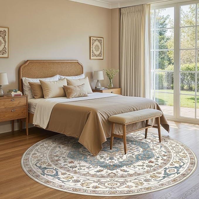 Area Rug for Living Room - 8x8 Soft Washable Oriental Vintage Floral Distressed Large Carpet - Fade Stain Resistant Non Slip Rugs for Bedroom Dining Room Nursery Dorm Office Home Decor - Blue/Beige