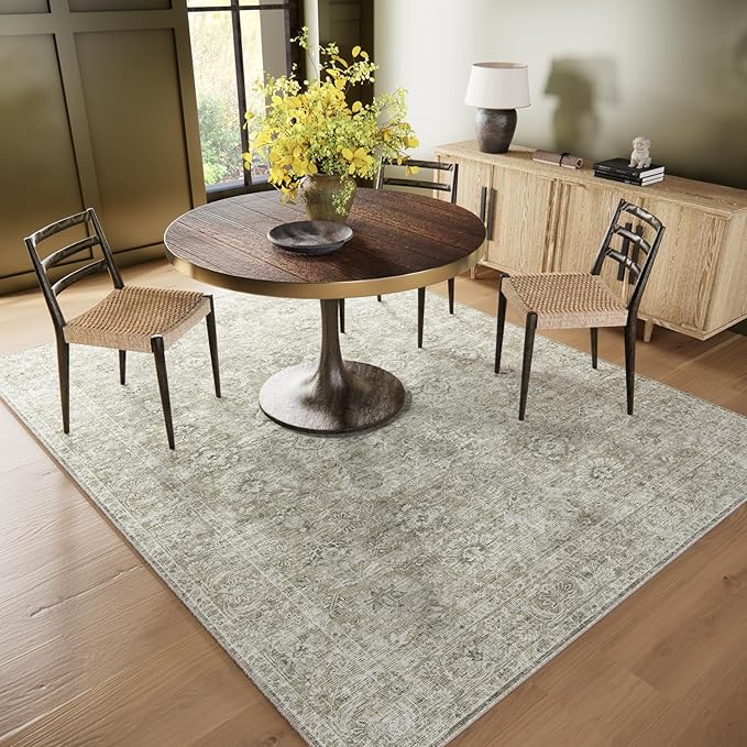 6x9 Washable Rug Vintage Fade Resistant Boho Distressed Non-Slip Indoor Large Carpet Low Pile Lightweight & High-Traffic Safe for Bedroom, Dorm, Playroom - Farmhouse Decor
