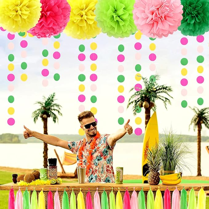 Hawaii Pool Party-Decorations Streamers - 35pcs Tissue Pom Poms,Tropical Jungle Birthday Supplies Bachelorette Tassel Garland Banner,Summer Beach Baby Shower Decor Lasting Surprise