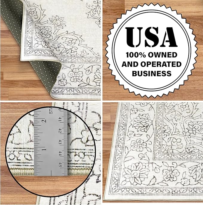 ReaLife Rugs Machine Washable Area Rug Runner - Living Room Bedroom Bathroom Kitchen Entryway Office - Padded Low Pile Stain Resistant Premium - Boho Farmhouse Vintage - Paige - Ivory 3' x 5'