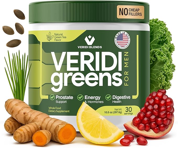 Veridi Greens for Men 40+ | Daily Superfood Greens Powder for Prostate Health, Hormone & Energy Support | Premium USA Blend with Spirulina, Saw Palmetto, Zinc & Enzymes