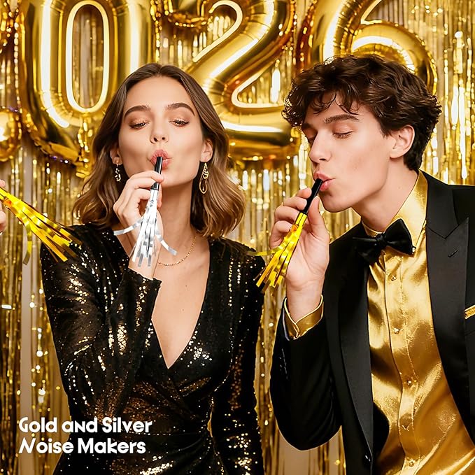 96 Pieces Gold Silver Noise Makers Glitter Noise Makers Metallic Fringed Party Blowers for Adults Birthday Graduation Sporting Events New Years Eve Party Supplies 2026