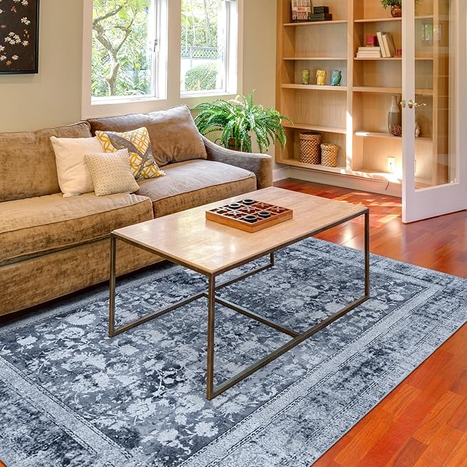 Area Rug 6×9, Large Vintage Boho Rug,Ultra-Soft Low Pile, Washable, Non Slip,Stain Resistant, Printed Carpet for Living Room Bedrooms Playroom Office Kitchen, Solid/Blue